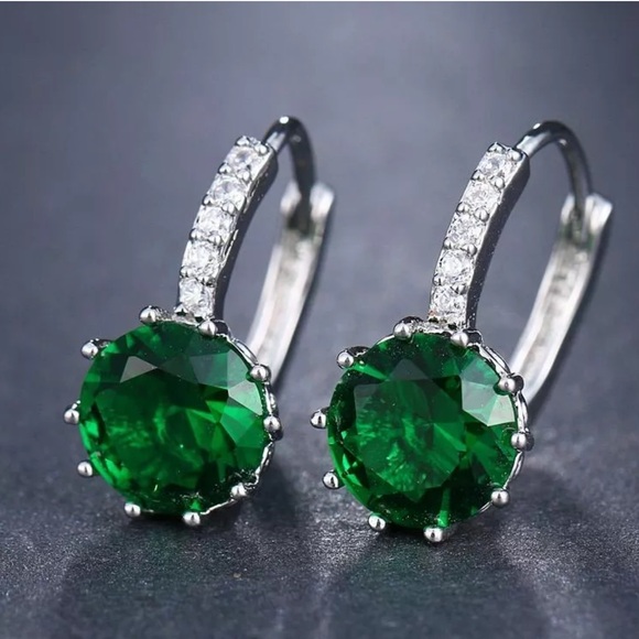 Emerald Green Color Round Zirconia Cz,  Luxury, Glam Earrings - Picture 6 of 6
